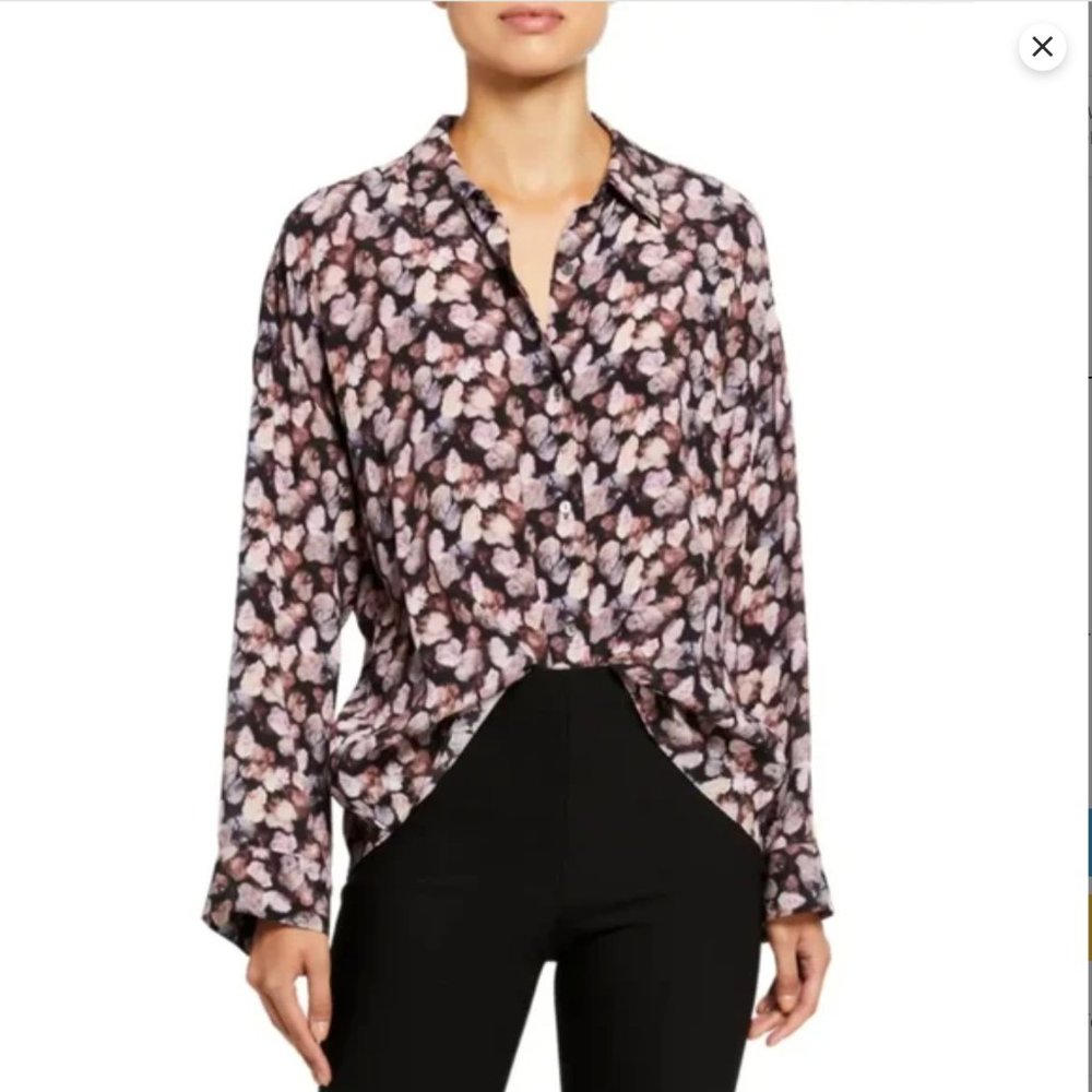 Vince Esme Floral Micropleat Silk Long Sleeve Shirt Size L